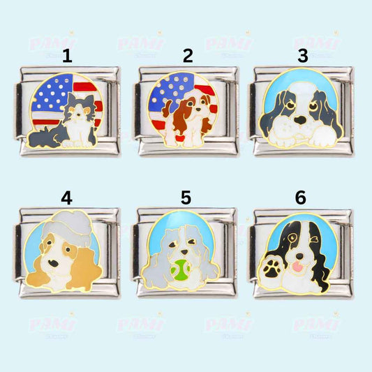 Pami Charms italian charms featuring six dog designs with colourful backgrounds and detailed enamel artwork