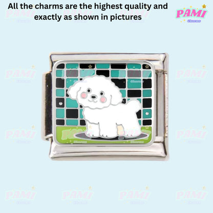 Pami Charms Italian Charms featuring a cute white dog design on a patterned background