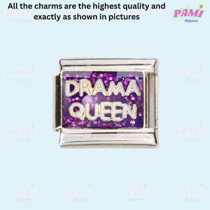 Pami Charms Drama Queen Italian charms with purple glitter and silver frame