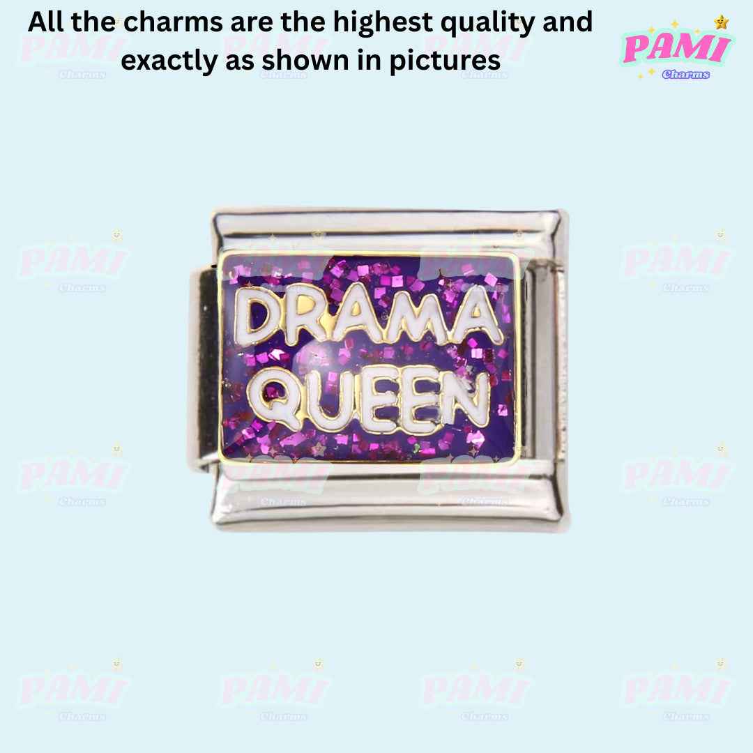 Pami Charms Italian charms Drama Queen silver link with purple glitter background