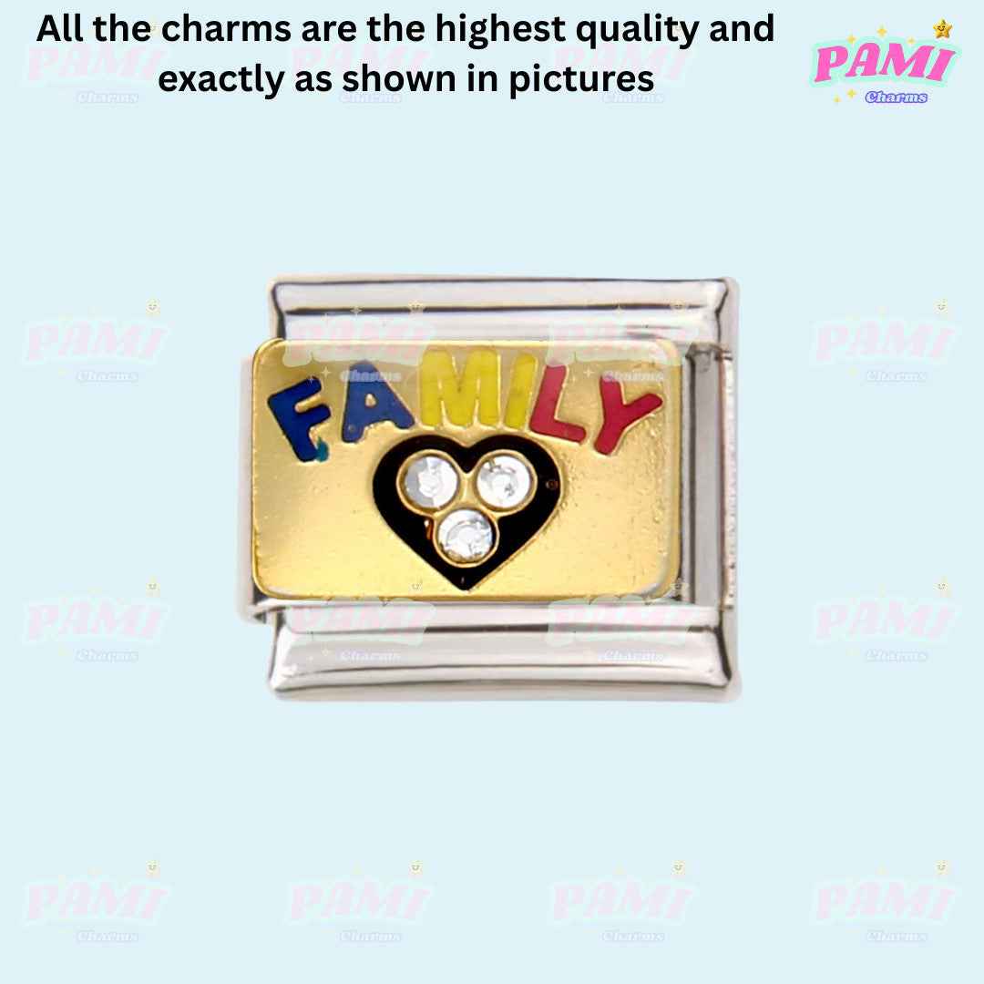 Pami Charms Italian charms family gold tone with heart and clear stones