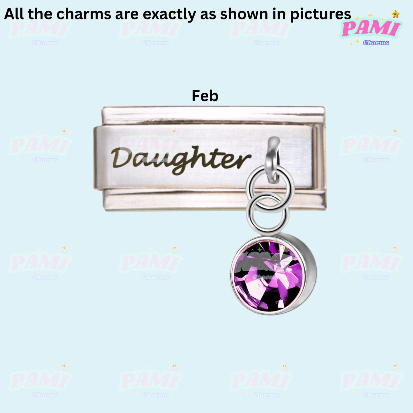 Pami Charms Italian charms silver bracelet link with February Daughter birthstone purple crystal