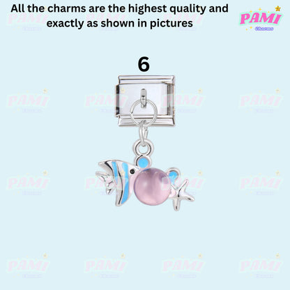Pami Charms Italian charms silver fish and starfish with pink bead charm for bracelet