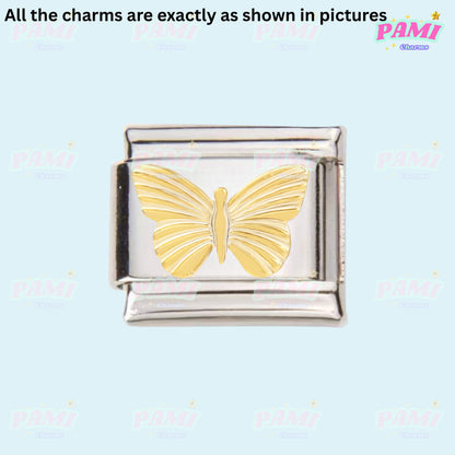 Silver and gold butterfly Italian charms with detailed wing design by Pami Charms