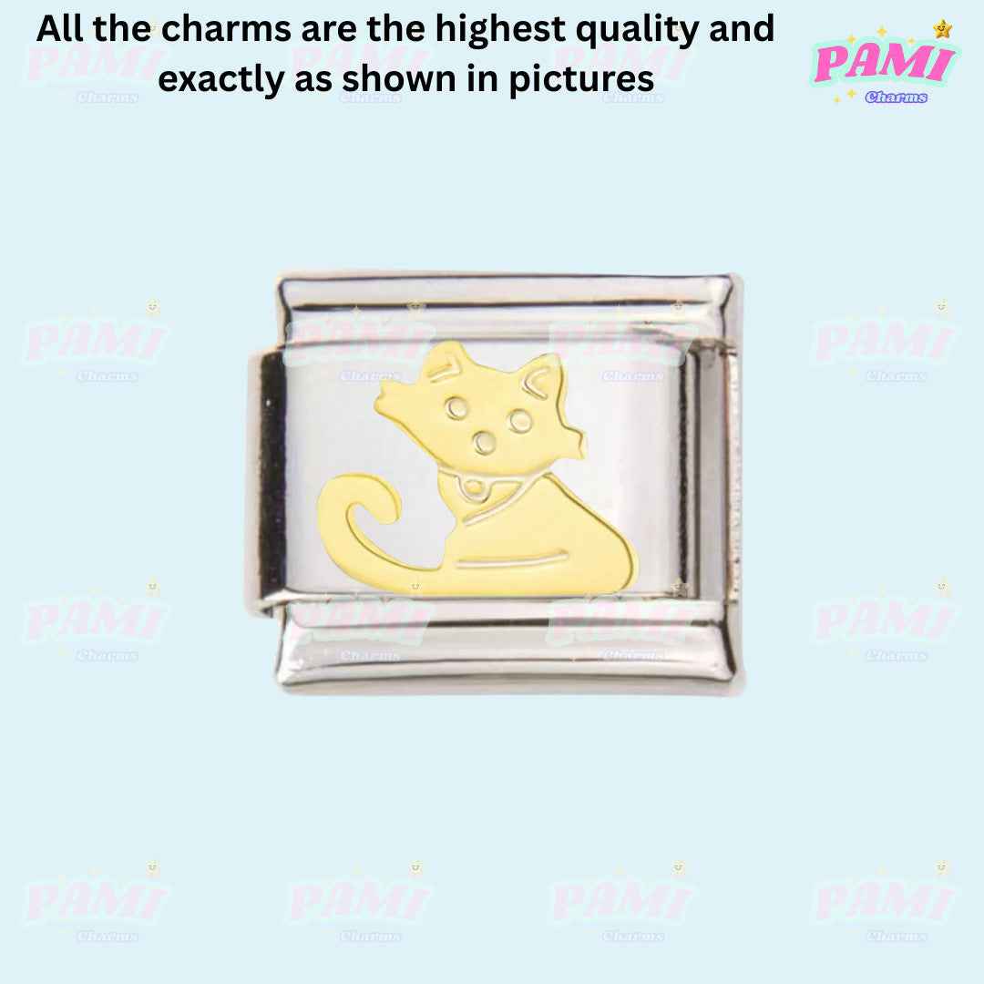 Pami Charms Italian charms featuring a silver link with a gold cat design for charm bracelets