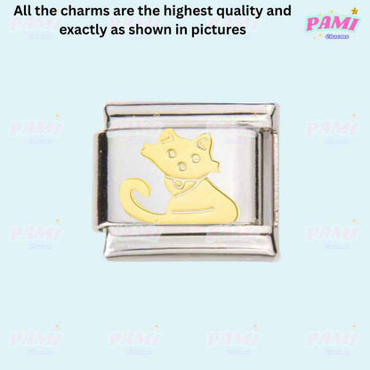 Pami Charms Italian charms featuring a silver link with a gold cat design for charm bracelets