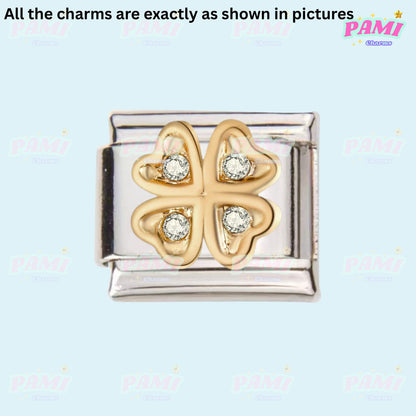 Pami Charms Italian charms gold four leaf clover with crystal stones on silver base