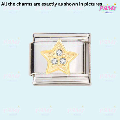 Pami Charms italian charms silver link with gold star and three clear stones
