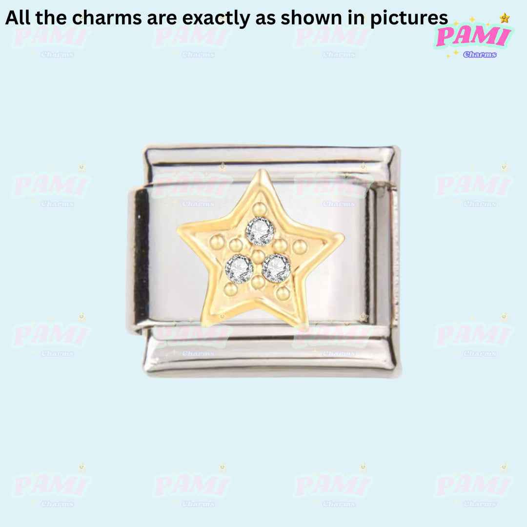 Pami Charms Italian charms silver link with gold star and three clear crystals