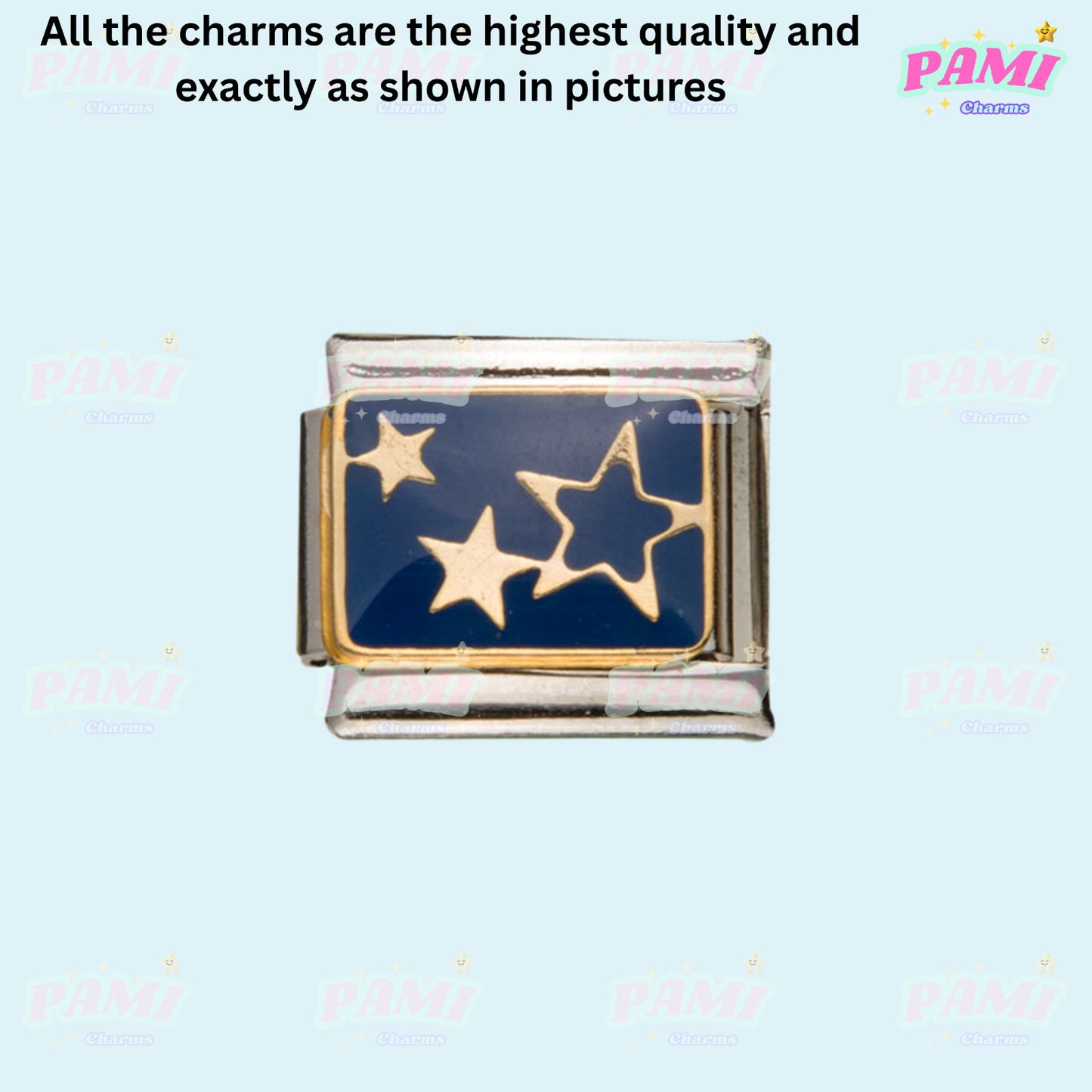 Pami Charms Italian charms with gold star design on navy blue background