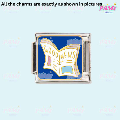 Pami Charms Italian charms featuring a blue and gold newspaper design with Good News text