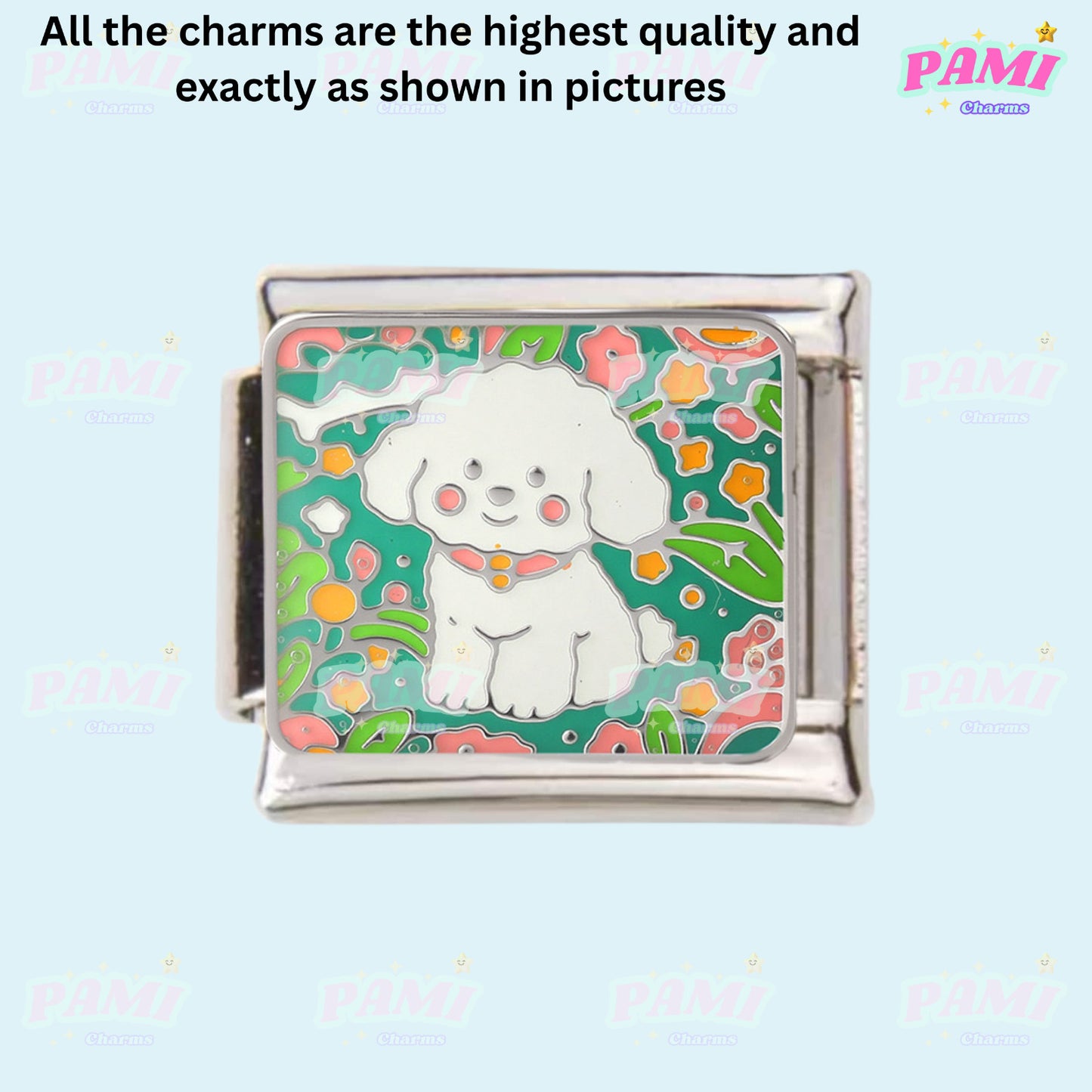 Pami Charms Italian Charms featuring a cute dog design on a vibrant floral background
