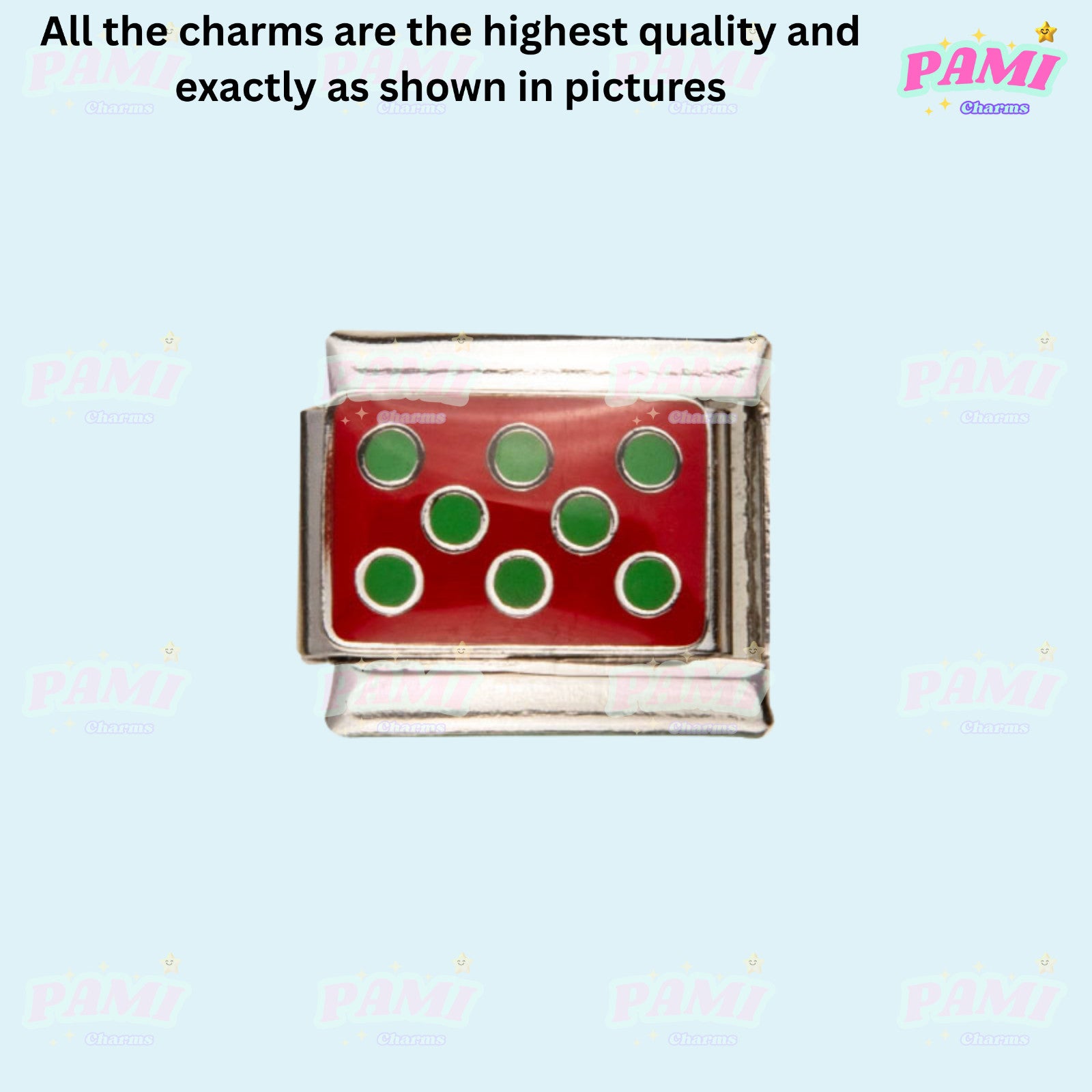 Pami Charms Italian charms featuring a red and green rectangular design with silver edges