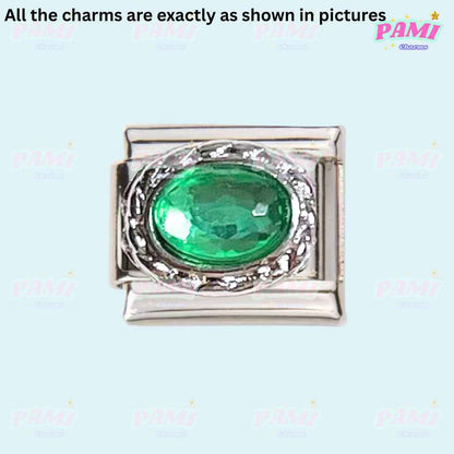 Pami Charms Italian charms silver link with oval green gem centerpiece