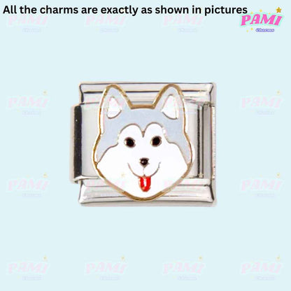 Pami Charms Italian charms featuring a silver dog face with grey and white enamel details