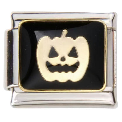 Pami Charms Italian charms featuring a silver and gold Halloween pumpkin design on a black background