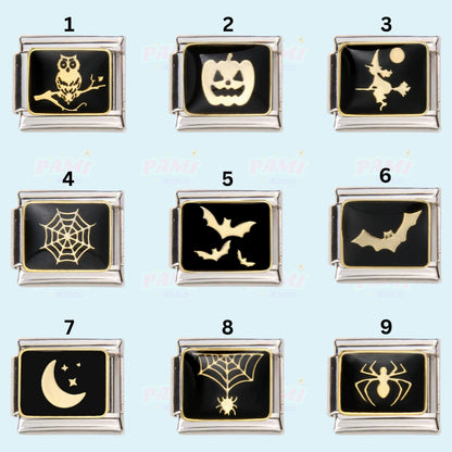 Set of nine Italian charms by Pami Charms featuring Halloween designs including owl, pumpkin, witch, spider webs, bats, moon, and spider