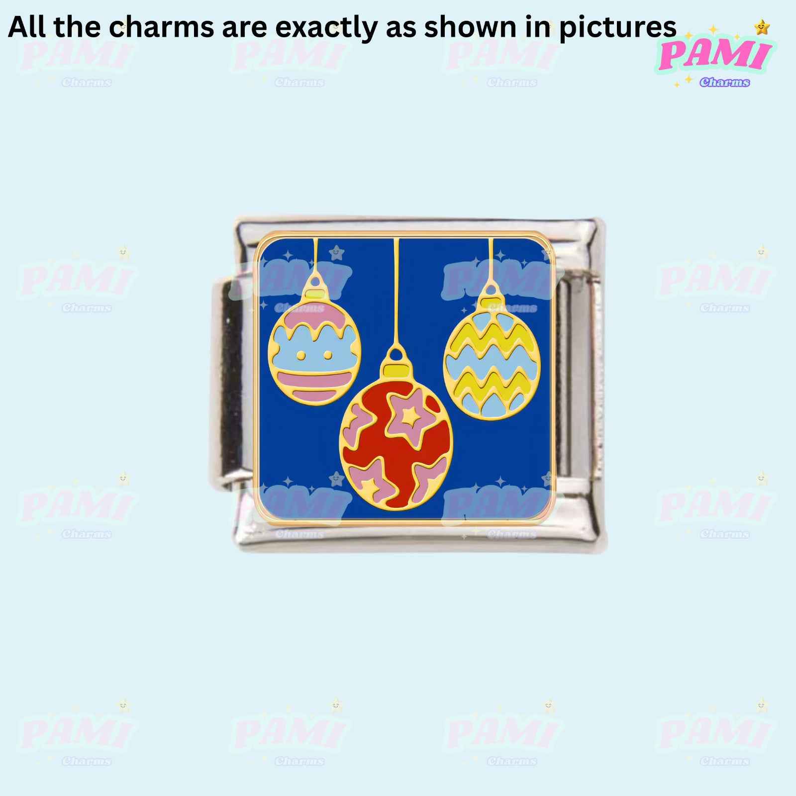 Pami Charms Italian charms Christmas ornament design with colorful hanging baubles on blue background