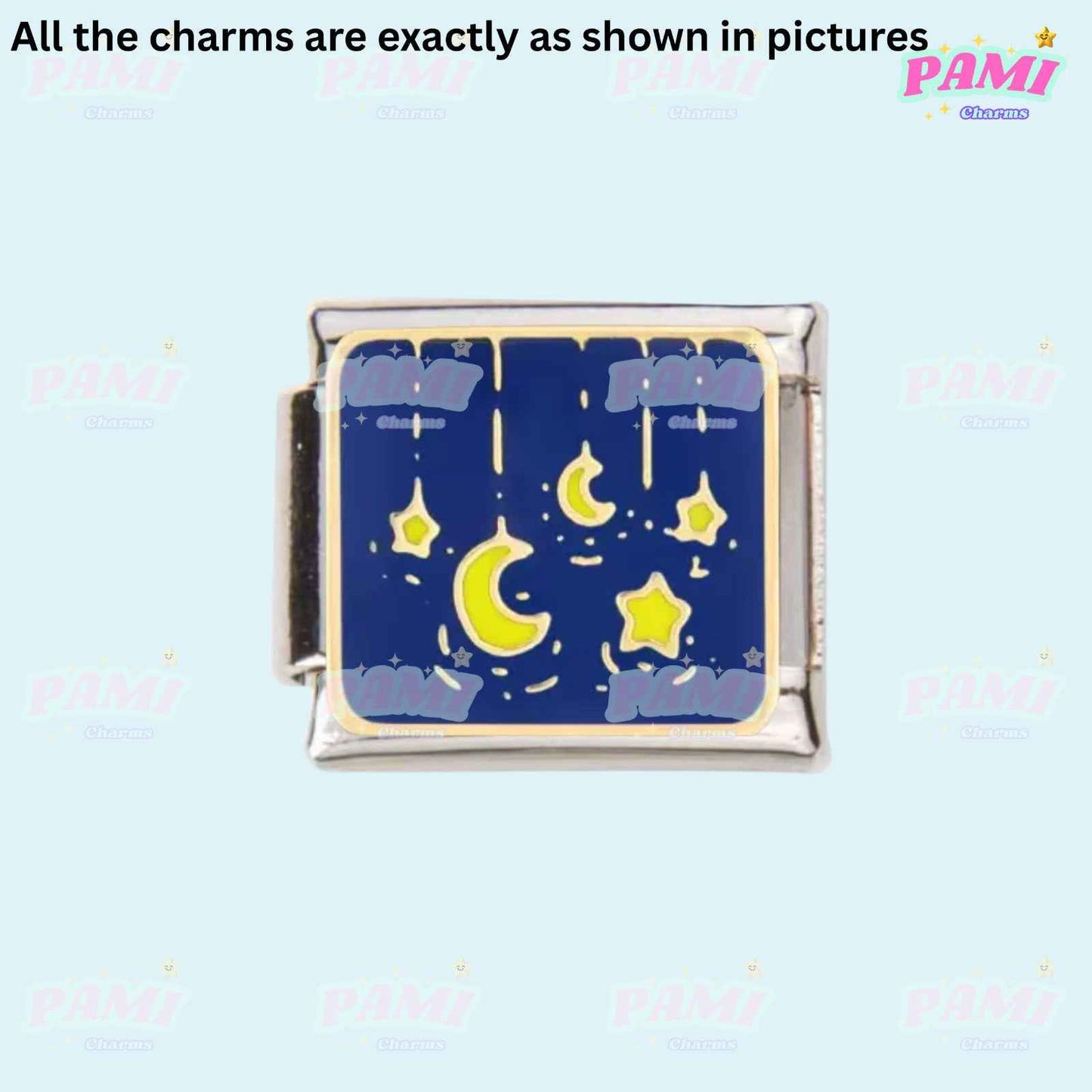 Pami Charms Italian charms with night sky design featuring yellow stars and crescent moons