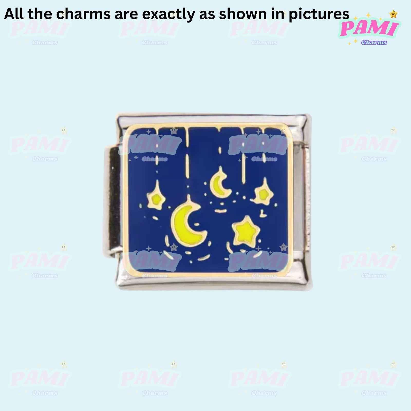 Pami Charms Italian charms with night sky design featuring yellow stars and crescent moons