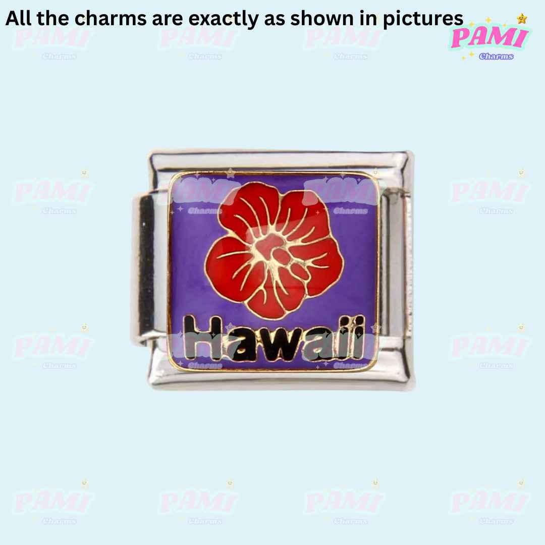 Pami Charms Italian charms with red hibiscus flower and Hawaii text on purple background