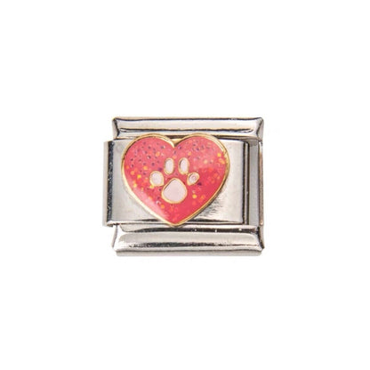 Pami Charms Italian charms featuring silver link with red heart and paw print design