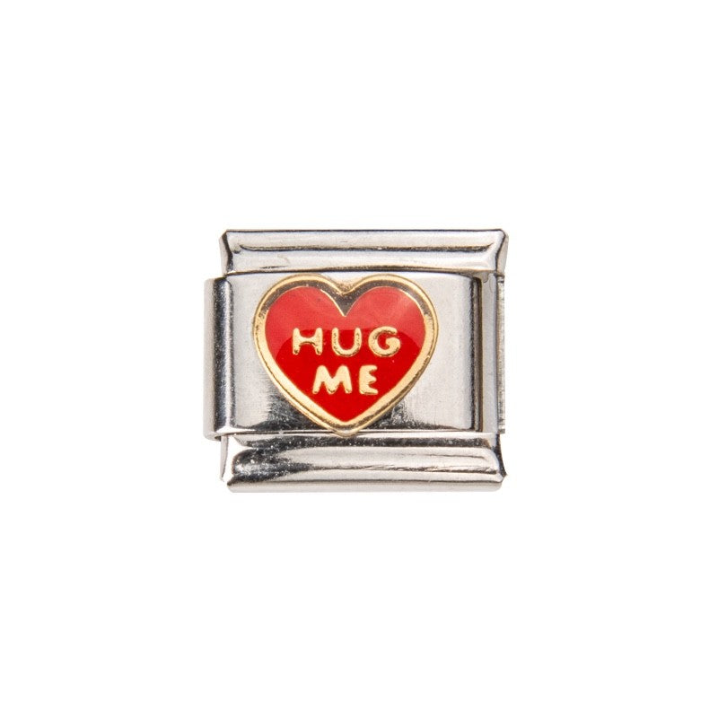 Pami Charms Silver Italian Charm featuring a red heart with the phrase Hug Me