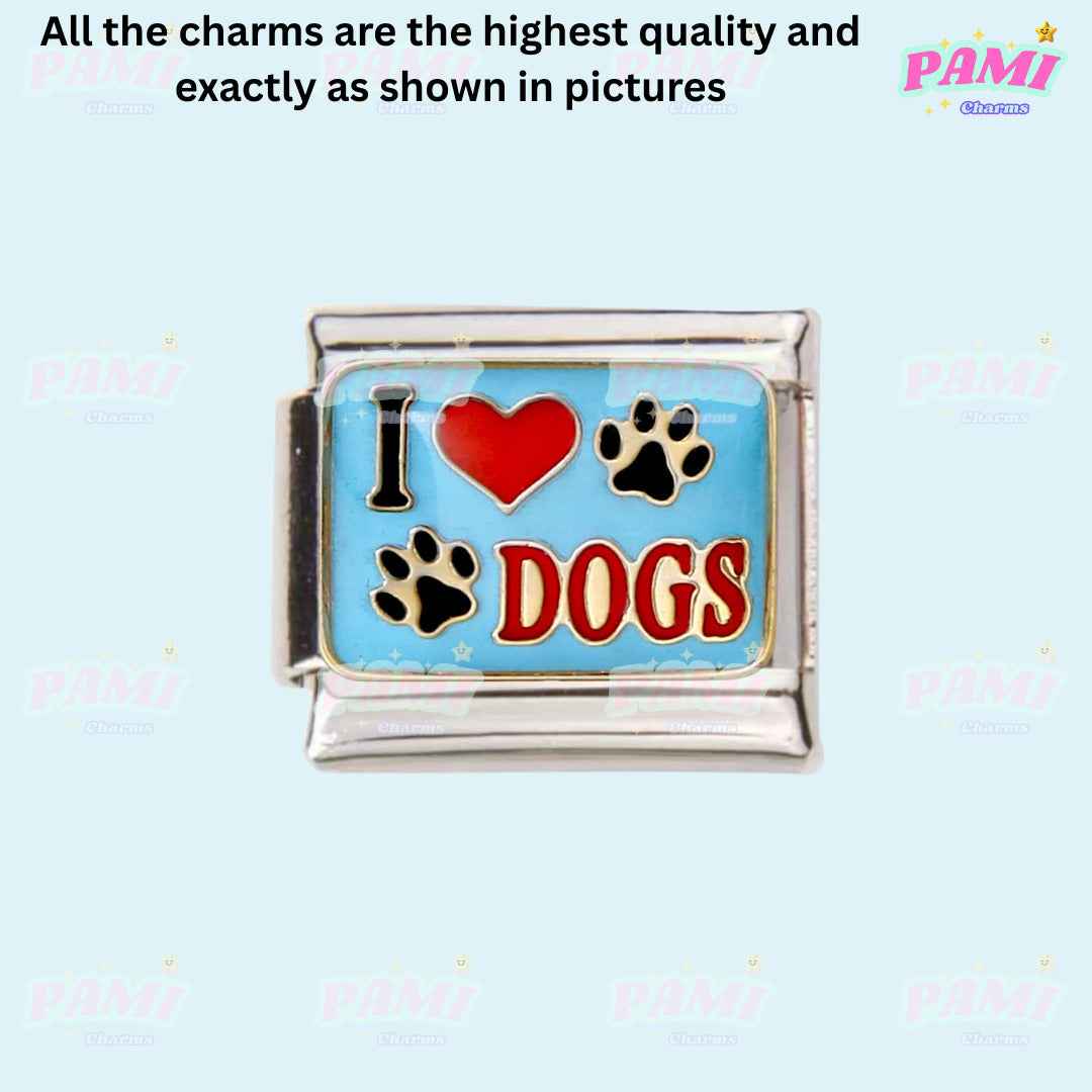 Italian charms silver bracelet link with blue enamel I love dogs design featuring paw prints
