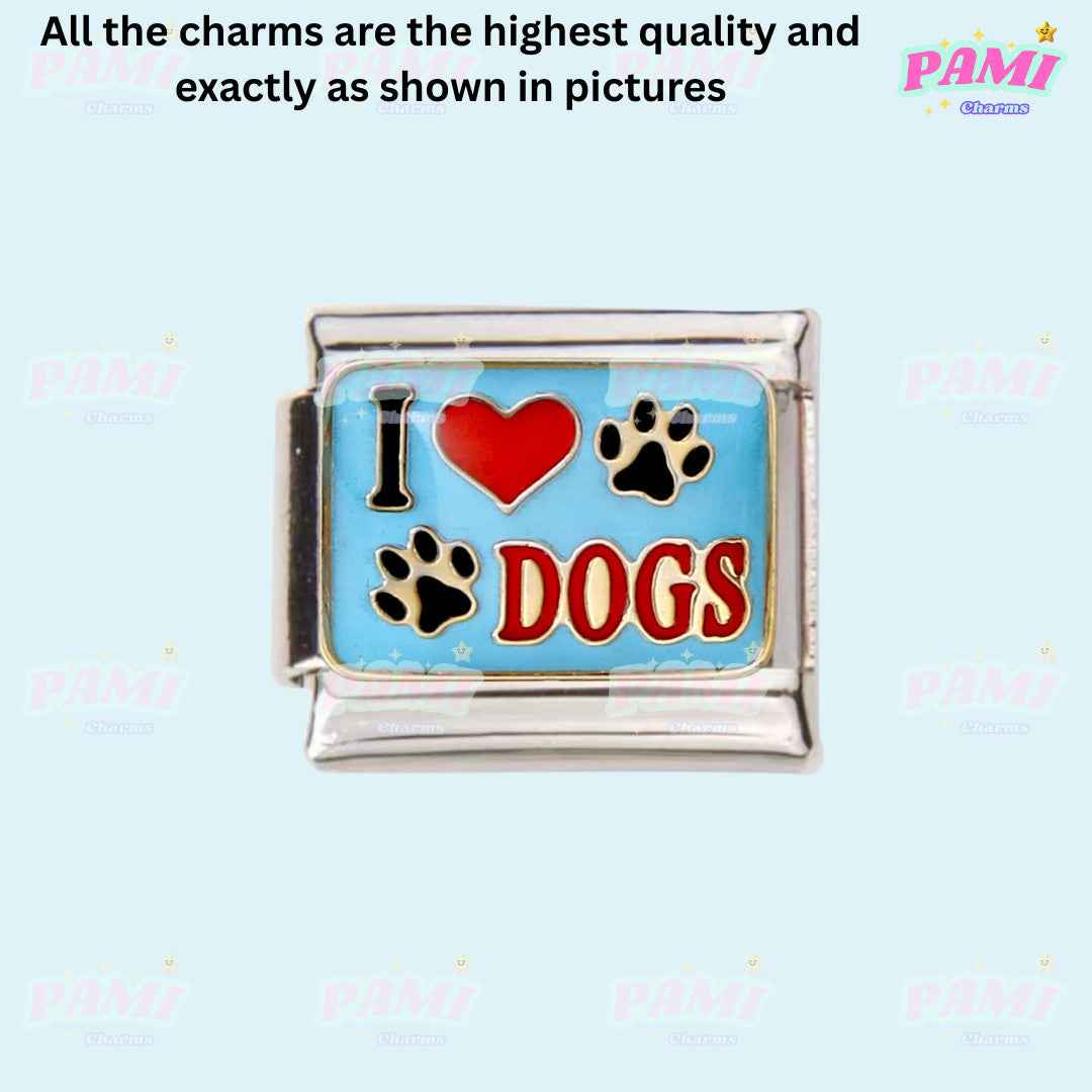Pami Charms Italian charms I love dogs paw print silver charm with blue background