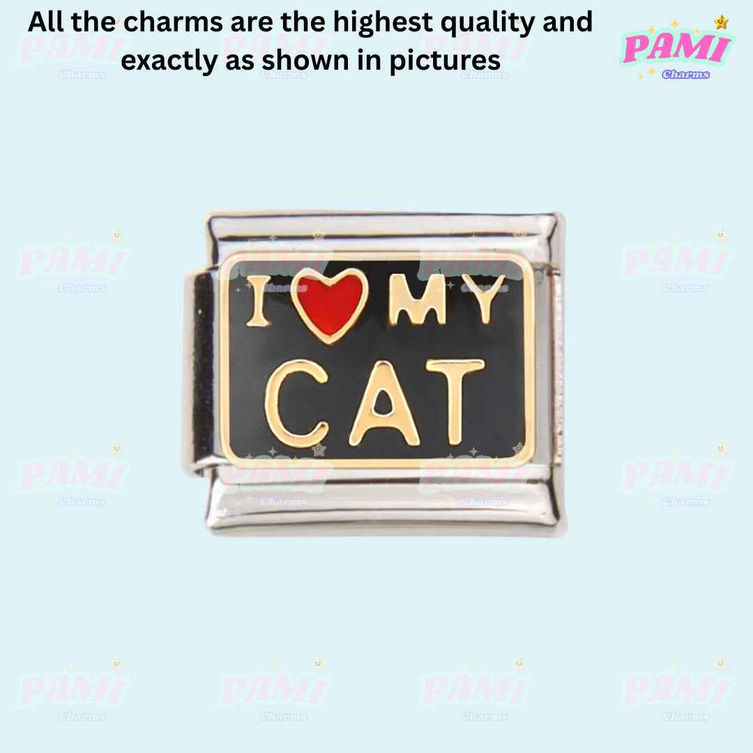 Italian charms black rectangular charm with I love my cat gold text and red heart from Pami Charms