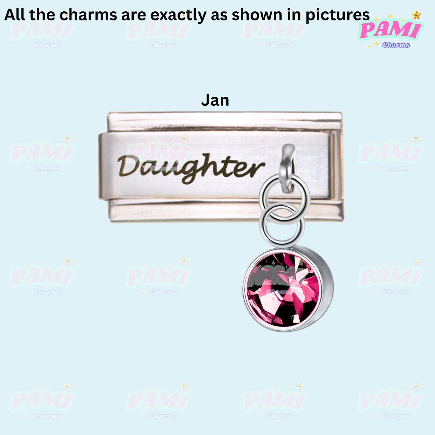 Pami Charms Italian charms daughter birthstone charm with pink crystal for January