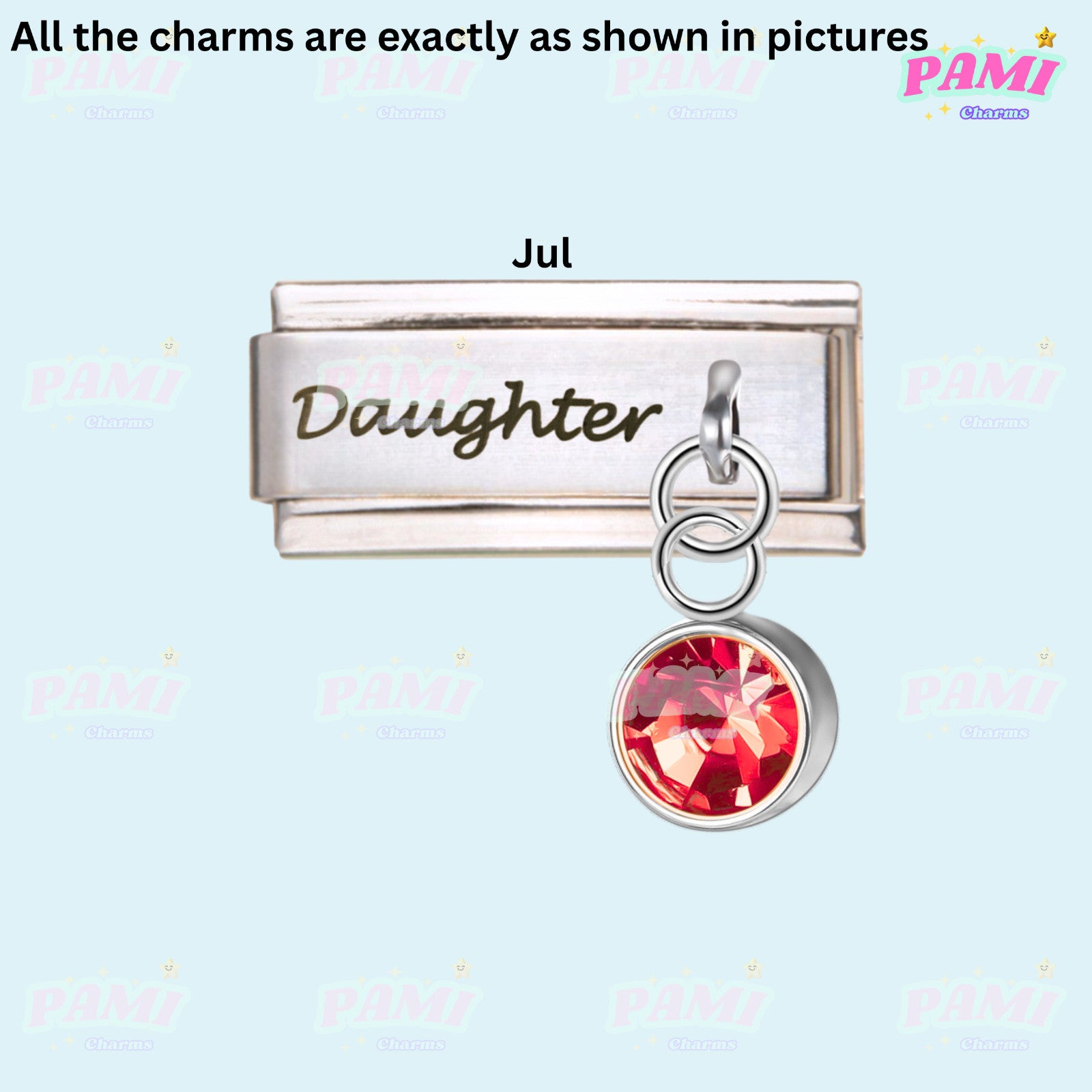 Pami Charms silver Italian charms with red July birthstone and Daughter engraving