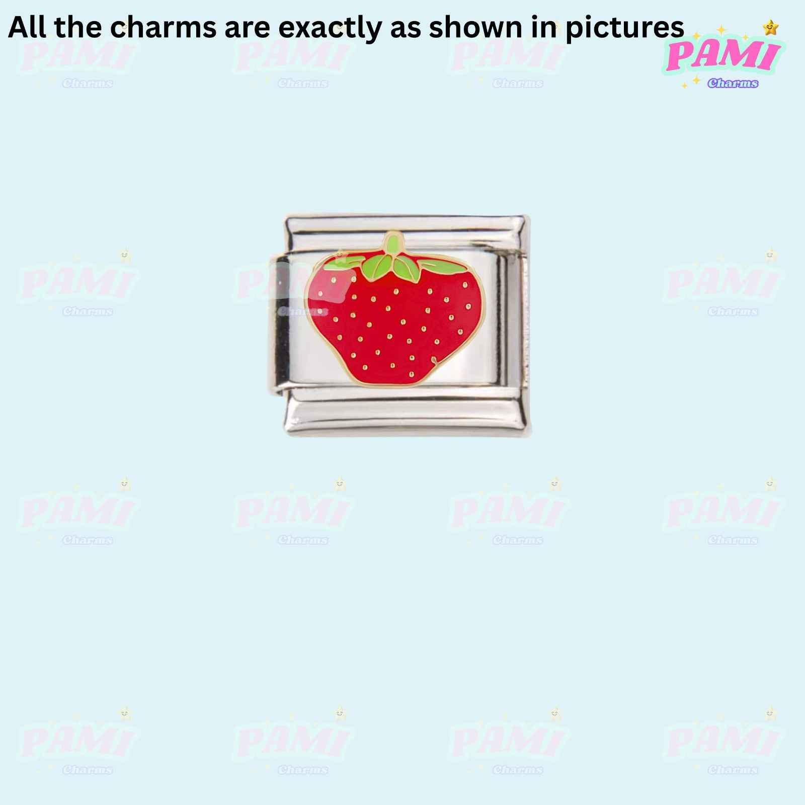 Pami Charms Italian charms featuring a silver link with a red strawberry design