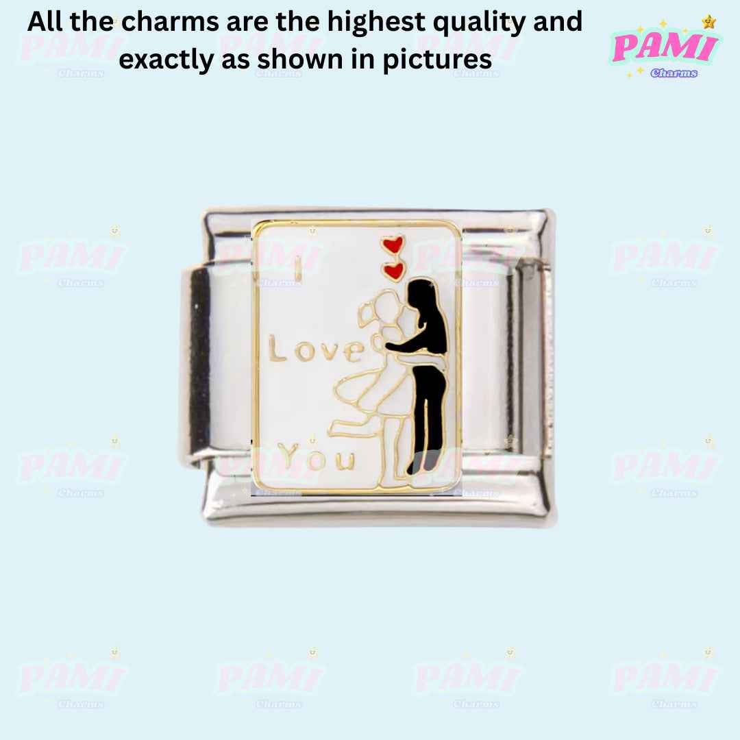 Pami Charms Italian charms with a love couple design and heart details in silver and gold tones
