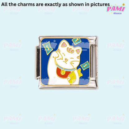 Pami Charms Italian charms featuring a lucky cat with fish and money symbols on blue background