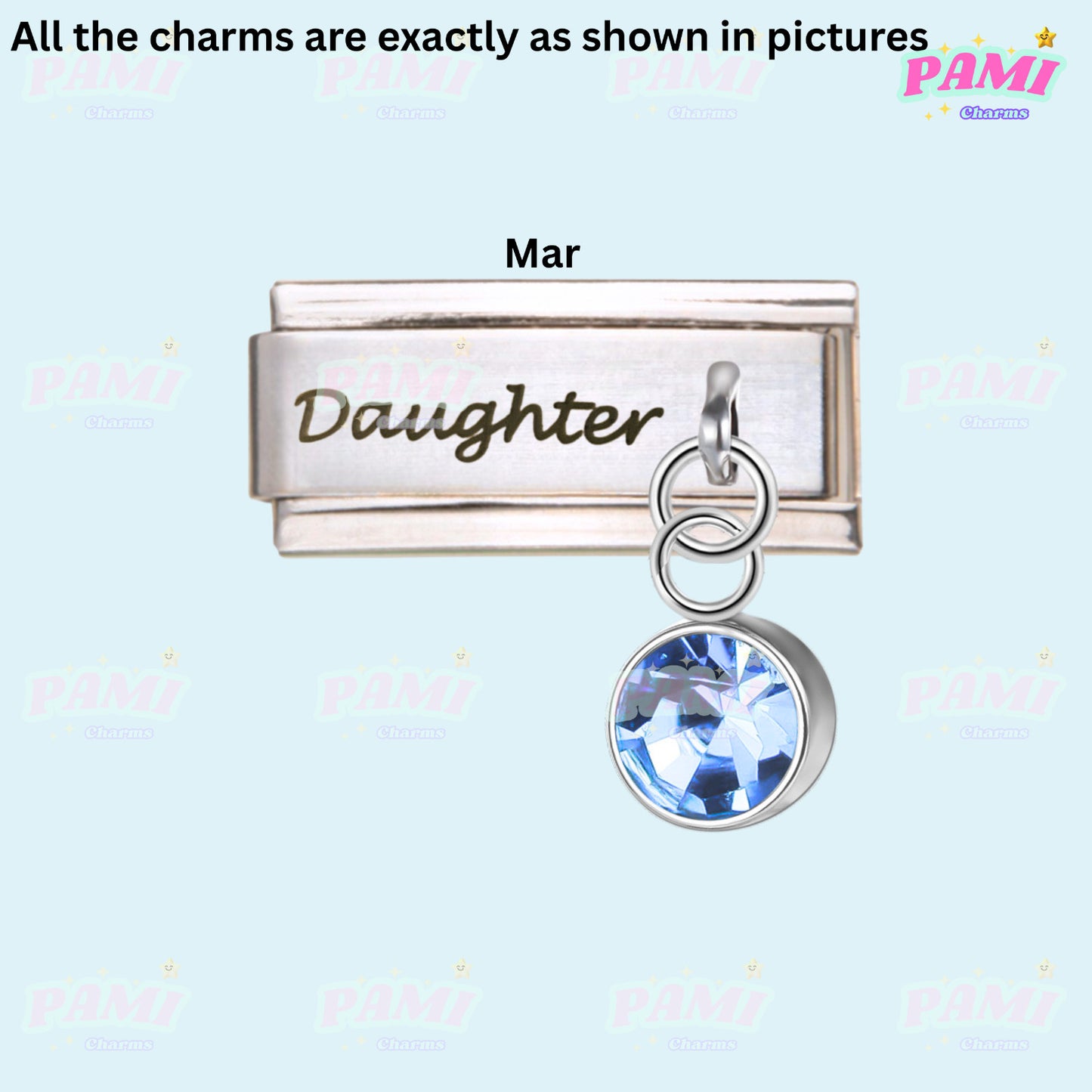 Pami Charms Italian charms silver daughter link with blue crystal pendant