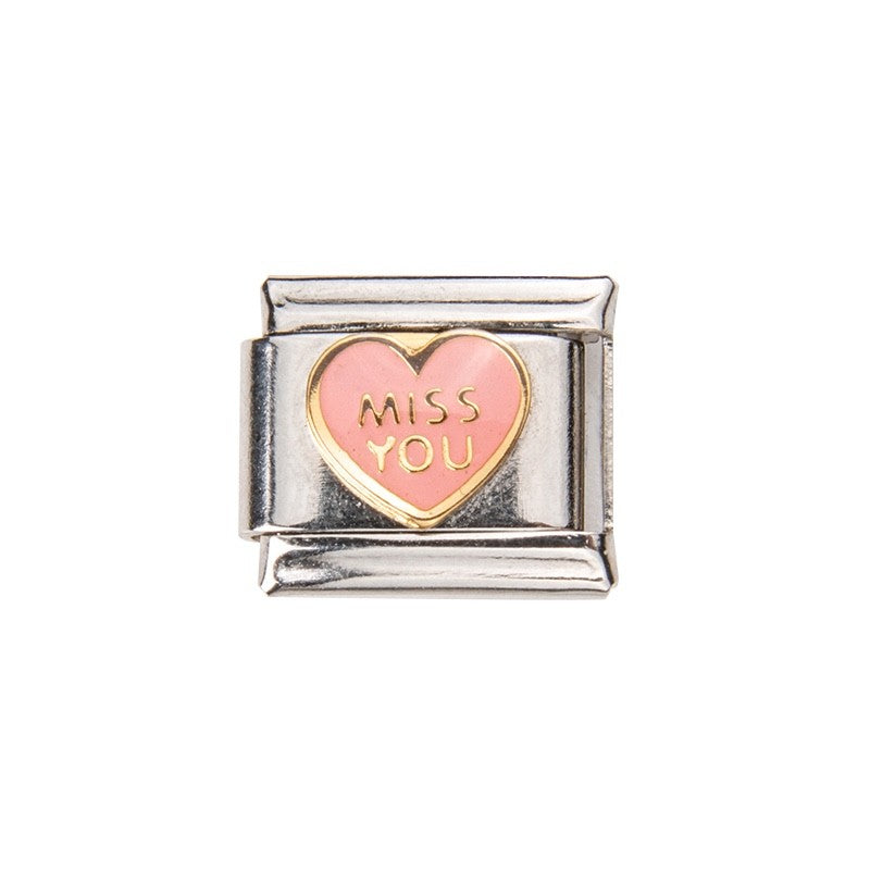 Pami Charms Italian charms with a pink heart featuring the words Miss You in gold