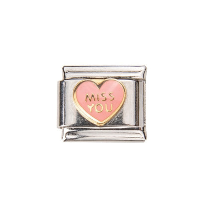 Pami Charms Italian charms with a pink heart featuring the words Miss You in gold