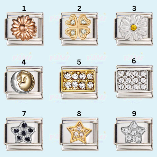 Set of nine Italian charms with floral, star, moon, and crystal designs by Pami Charms