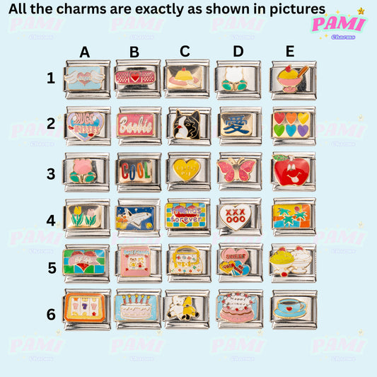 Variety of Pami Italian charms displayed in a grid suitable for charm bracelets and collections