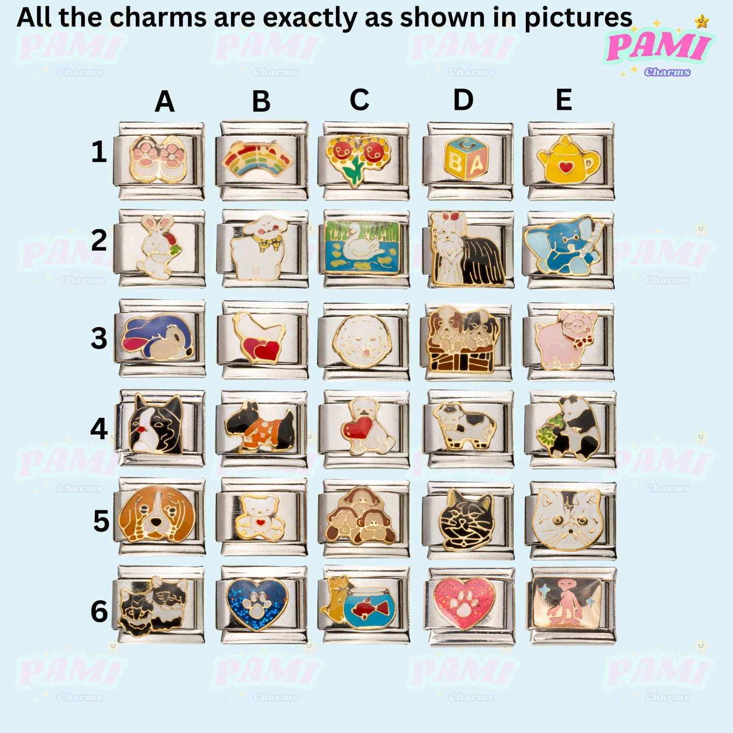 Collection of Pami Charms displayed in various designs featuring hearts, animals and colourful patterns of italian charms