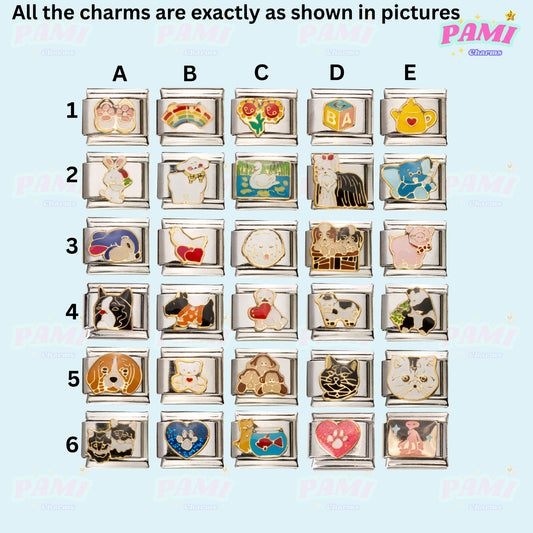 Collection of Pami Charms displayed in various designs featuring hearts, animals and colourful patterns of italian charms