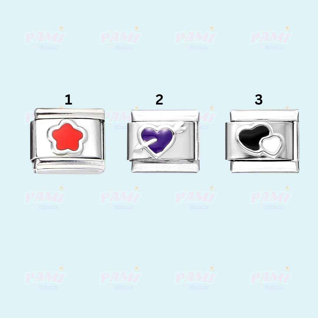 Three Pami Charms italian charms with red flower, purple heart, and black and white heart designs