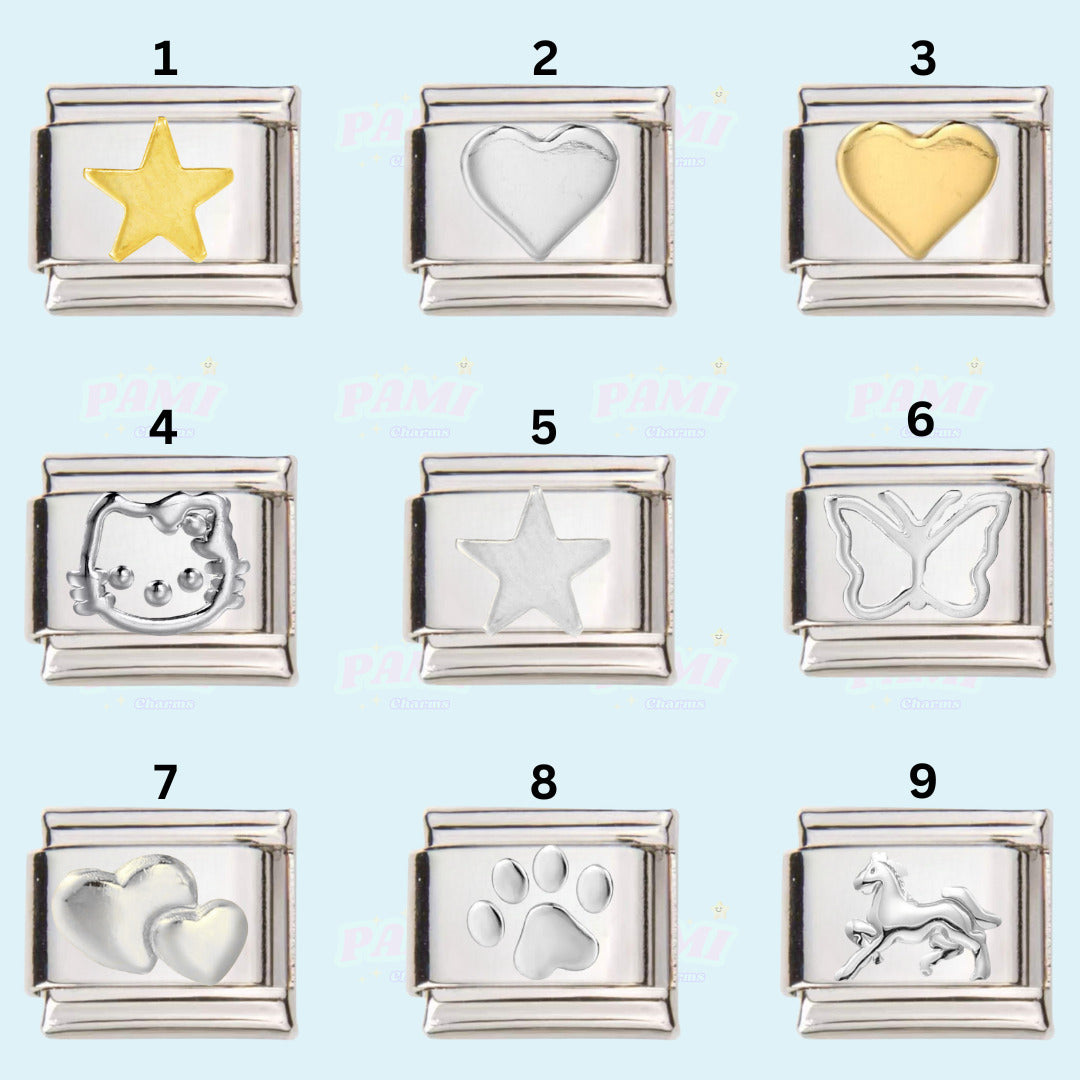 Pami Charms collection of Italian charms featuring star, hearts, butterfly, paw, horse and cat designs