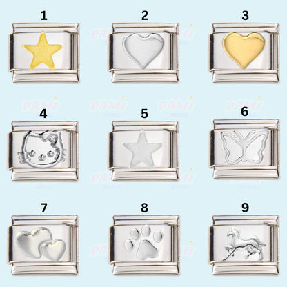 Pami Charms collection of Italian charms featuring star, hearts, butterfly, paw, horse and cat designs