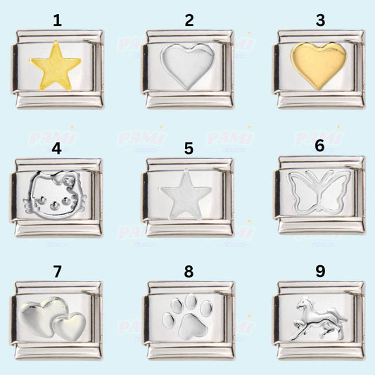 Pami Charms collection of Italian charms featuring star, hearts, butterfly, paw, horse and cat designs