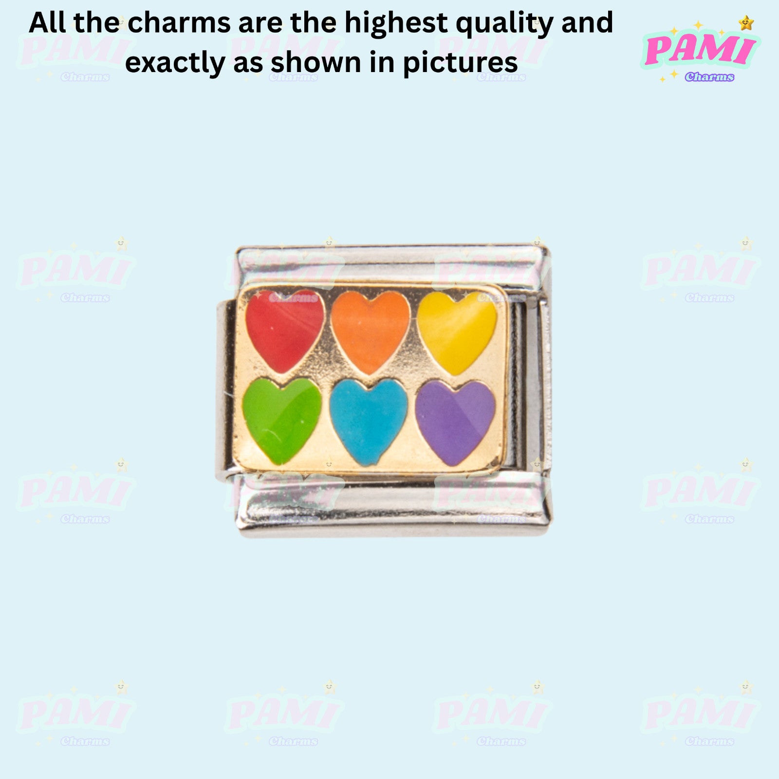 Pami Charms Italian charms with six colorful heart shapes in red orange yellow green blue and purple