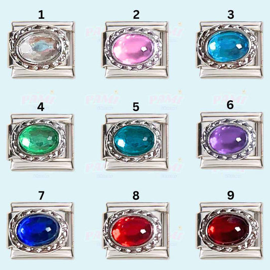 Set of nine colorful Italian charms with oval gemstones in various shades by Pami Charms