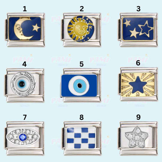Set of nine Italian charms featuring moon, sun, stars, evil eye, and decorative designs by Pami Charms