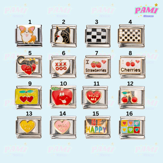 Pami Charms collection of 16 italian charms including hearts, fruits, dogs, and colorful designs in silver frames